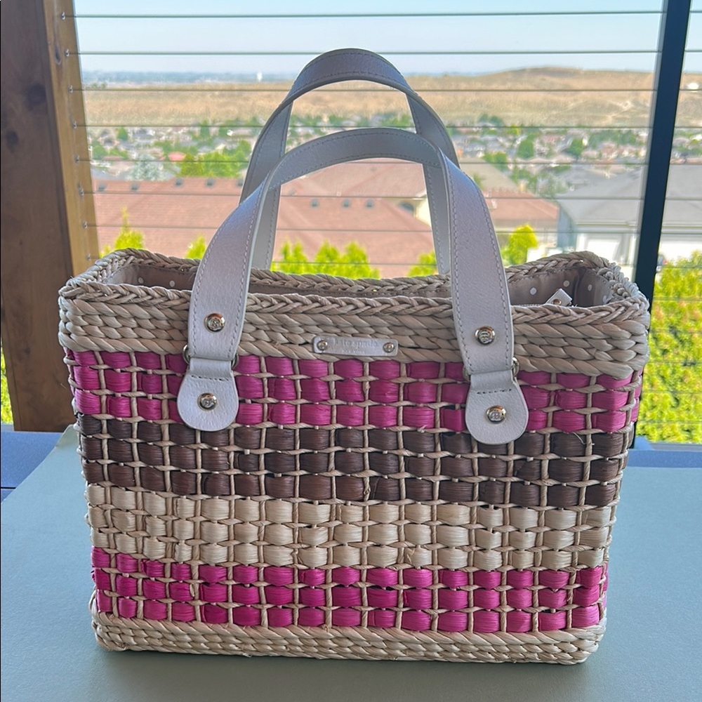 Kate Spade Pink and Brown Raffia/Straw Purse Tote Bag